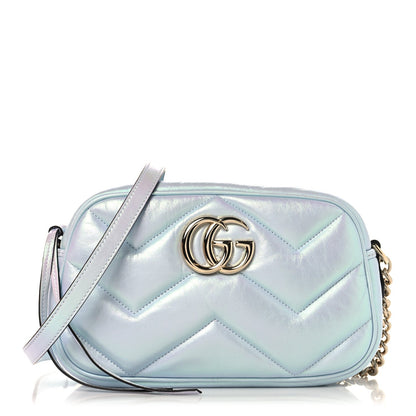 Iridescent Nappa Chevron Matelasse Small GG Marmont Chain Shoulder Bag Iridescent Snow Light Blue