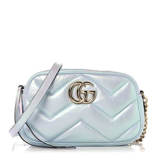 Iridescent Nappa Chevron Matelasse Small GG Marmont Chain Shoulder Bag Iridescent Snow Light Blue