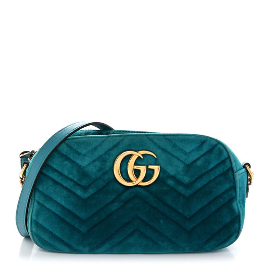 Velvet Matelasse Small GG Marmont Chain Shoulder Bag Pavone Cyan