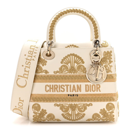 Calfskin Embroidered Medium Lady D-Lite White Gold