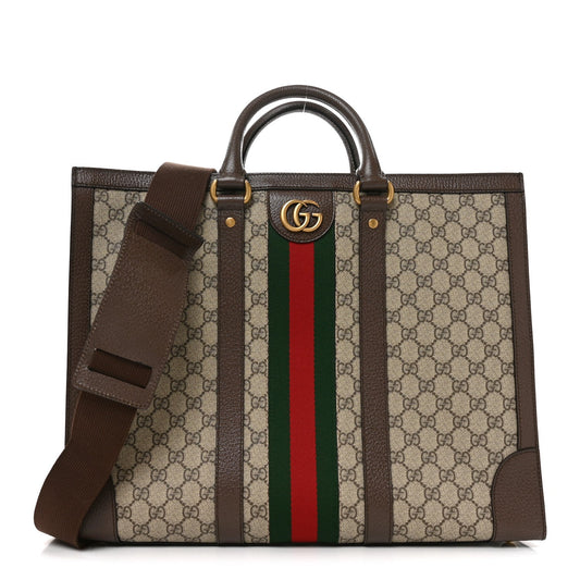 GG Supreme Monogram Textured Dollar Calfskin Web Large Ophidia Tote Bag Beige Ebony