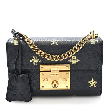Grained Calfskin Bee Star Small Padlock Shoulder Bag Black