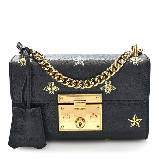 Grained Calfskin Bee Star Small Padlock Shoulder Bag Black