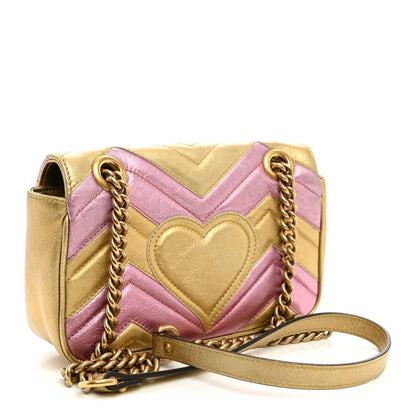 Metallic Calfskin Matelasse Mini GG Marmont Shoulder Bag Gold Pink