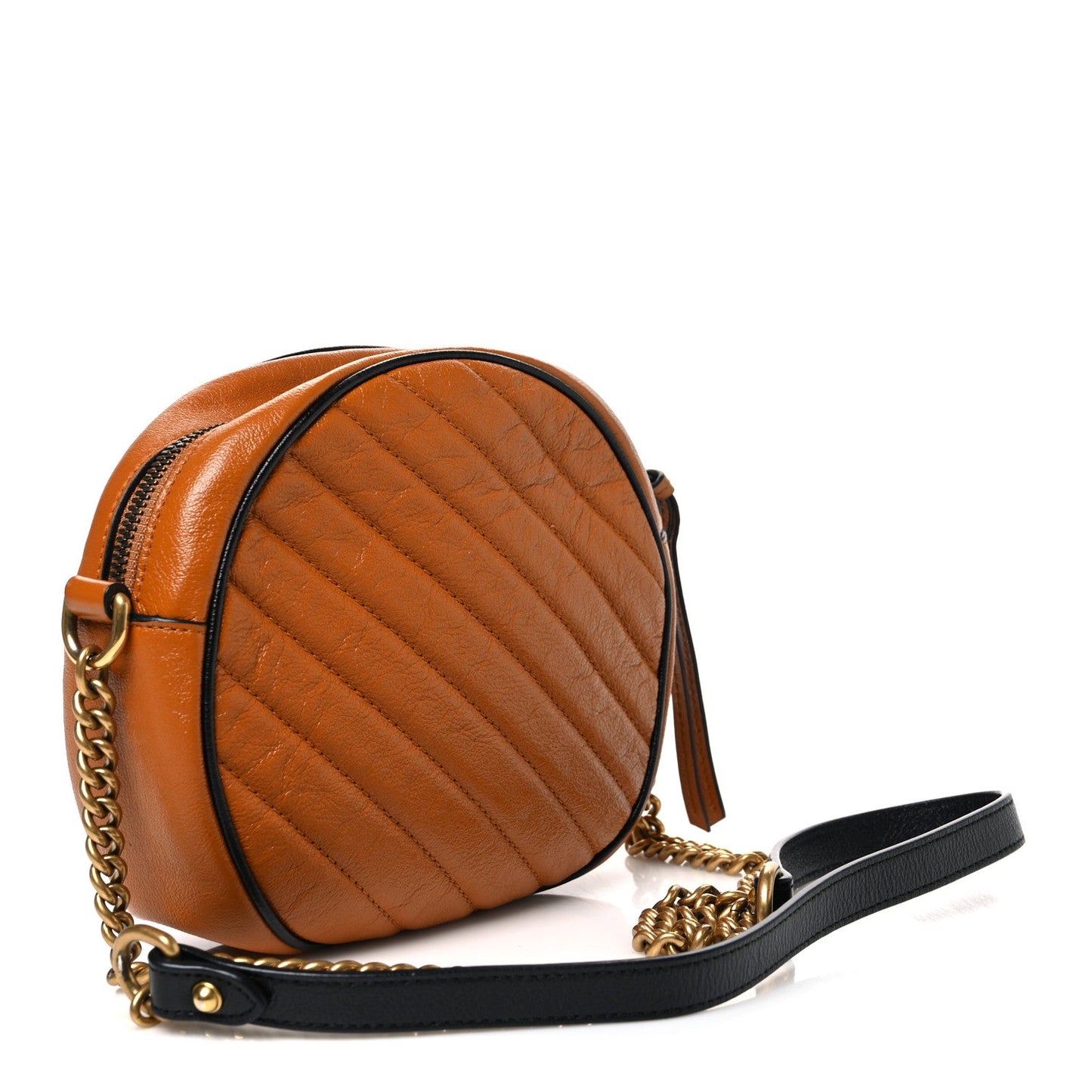 Azalea Calfskin Matelasse Diagonal Mini Torchon GG Marmont Round Shoulder Bag Cognac Black