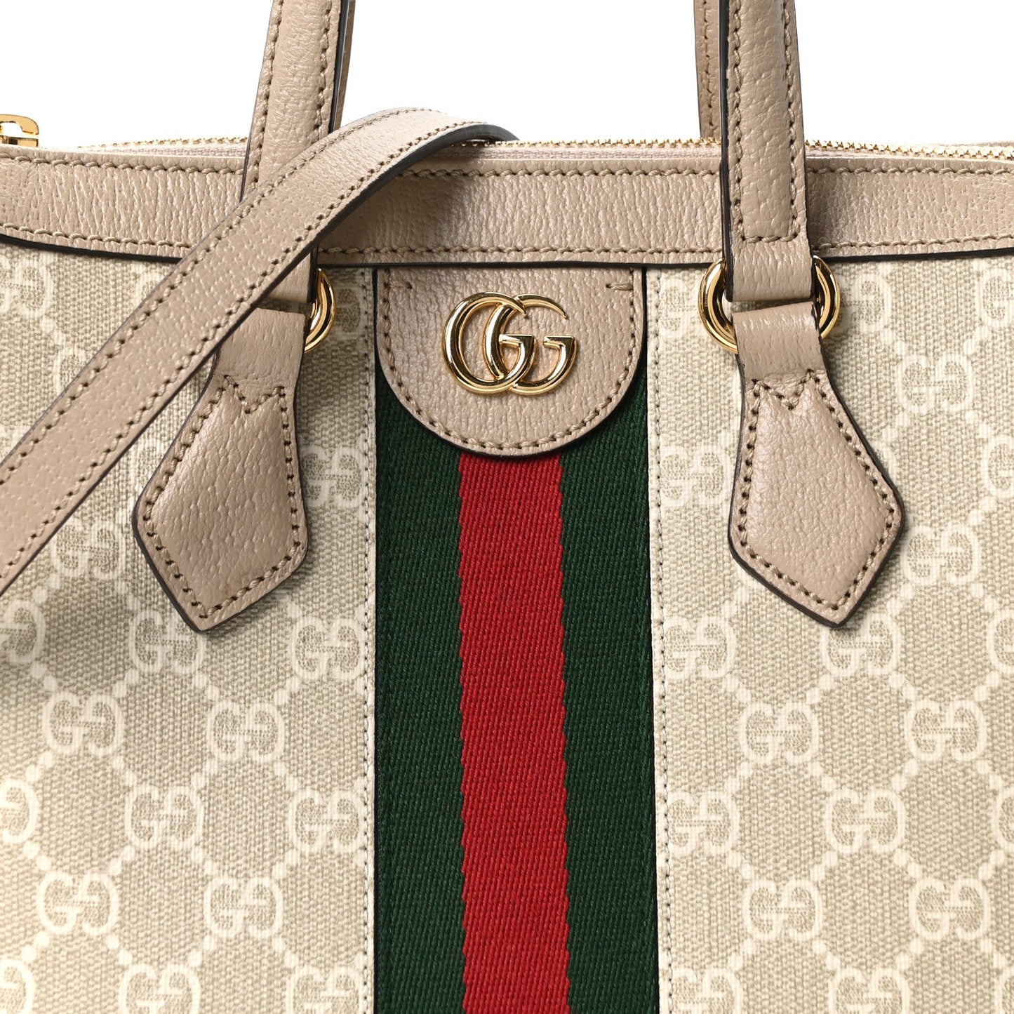 GG Supreme Monogram Textured Dollar Calfskin Web Small Ophidia Tote Bag Beige Mystic White Oatmeal