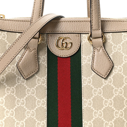 GG Supreme Monogram Textured Dollar Calfskin Web Small Ophidia Tote Bag Beige Mystic White Oatmeal