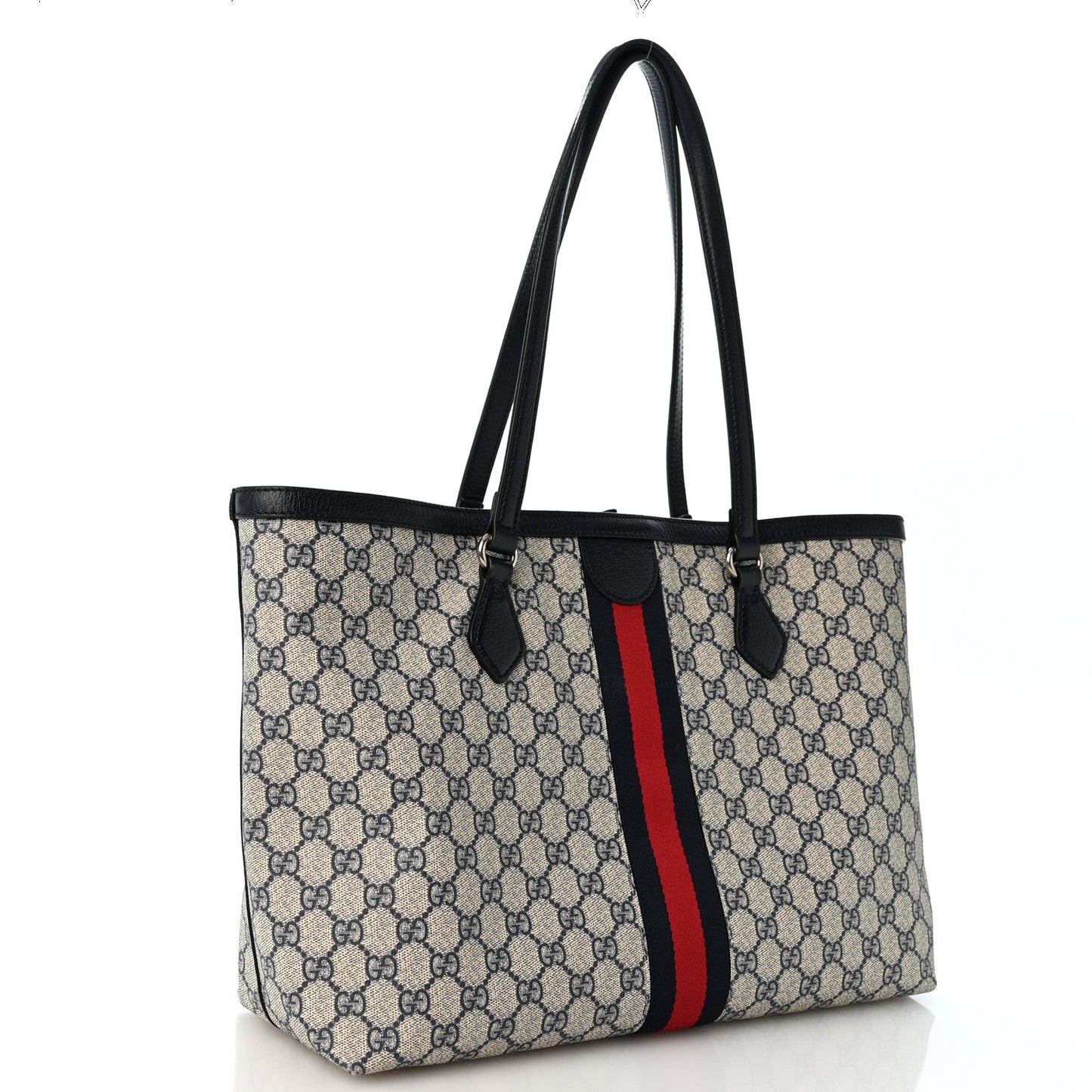GG Supreme Monogram Textured Calfskin Web Medium Ophidia Shopping Tote Beige Blue