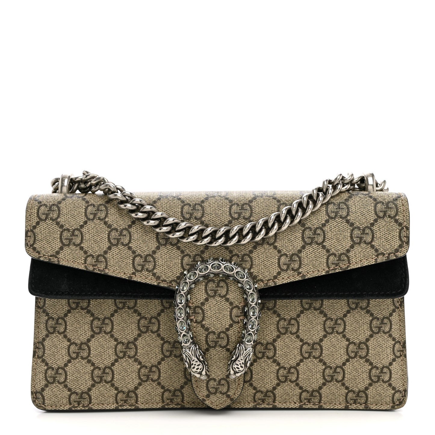 GG Supreme Monogram Suede Crystal Small Dionysus Shoulder Bag Beige Ebony Black