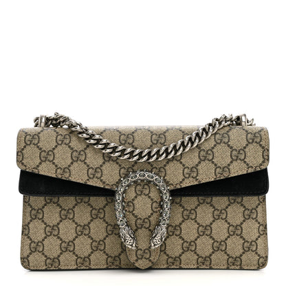 GG Supreme Monogram Suede Crystal Small Dionysus Shoulder Bag Beige Ebony Black