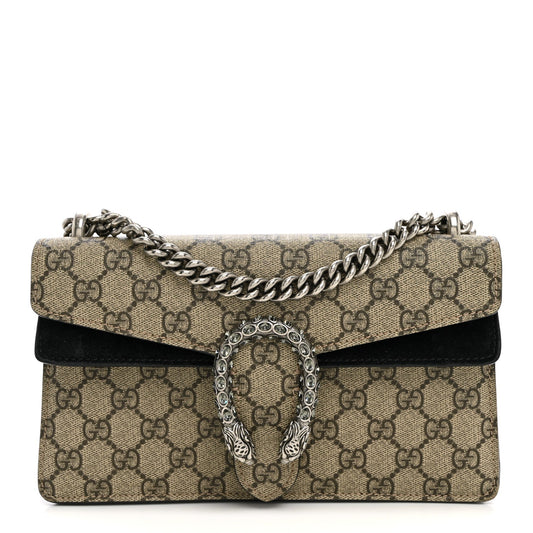 GG Supreme Monogram Suede Crystal Small Dionysus Shoulder Bag Beige Ebony Black