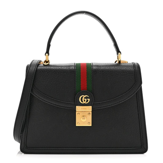 Textured Dollar Calfskin Web Small Ophidia Padlock Top Handle Bag Black