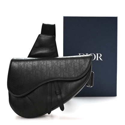 Calfskin Perforated Oblique Galaxy Mens Saddle Bag Black