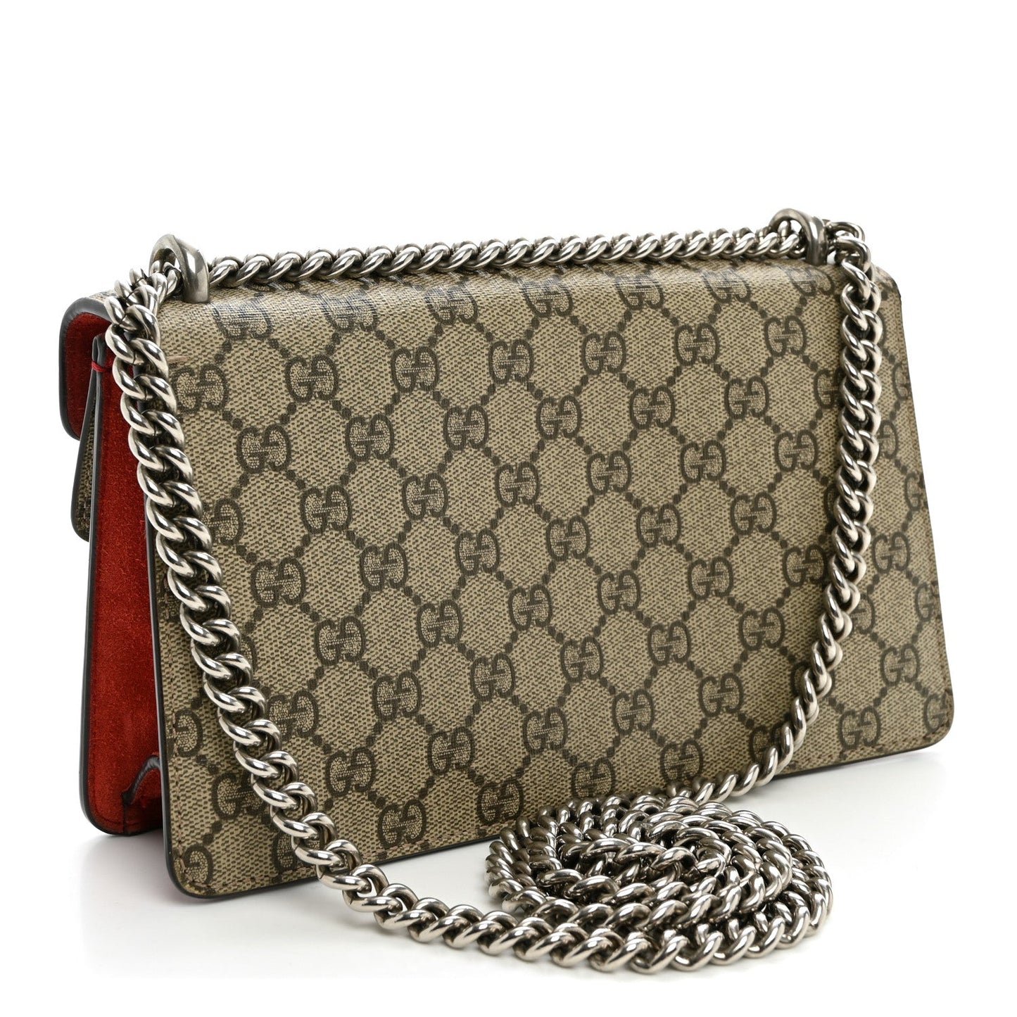 GG Supreme Monogram Suede Crystal Small Dionysus Shoulder Bag Beige Ebony Vulcanic Red