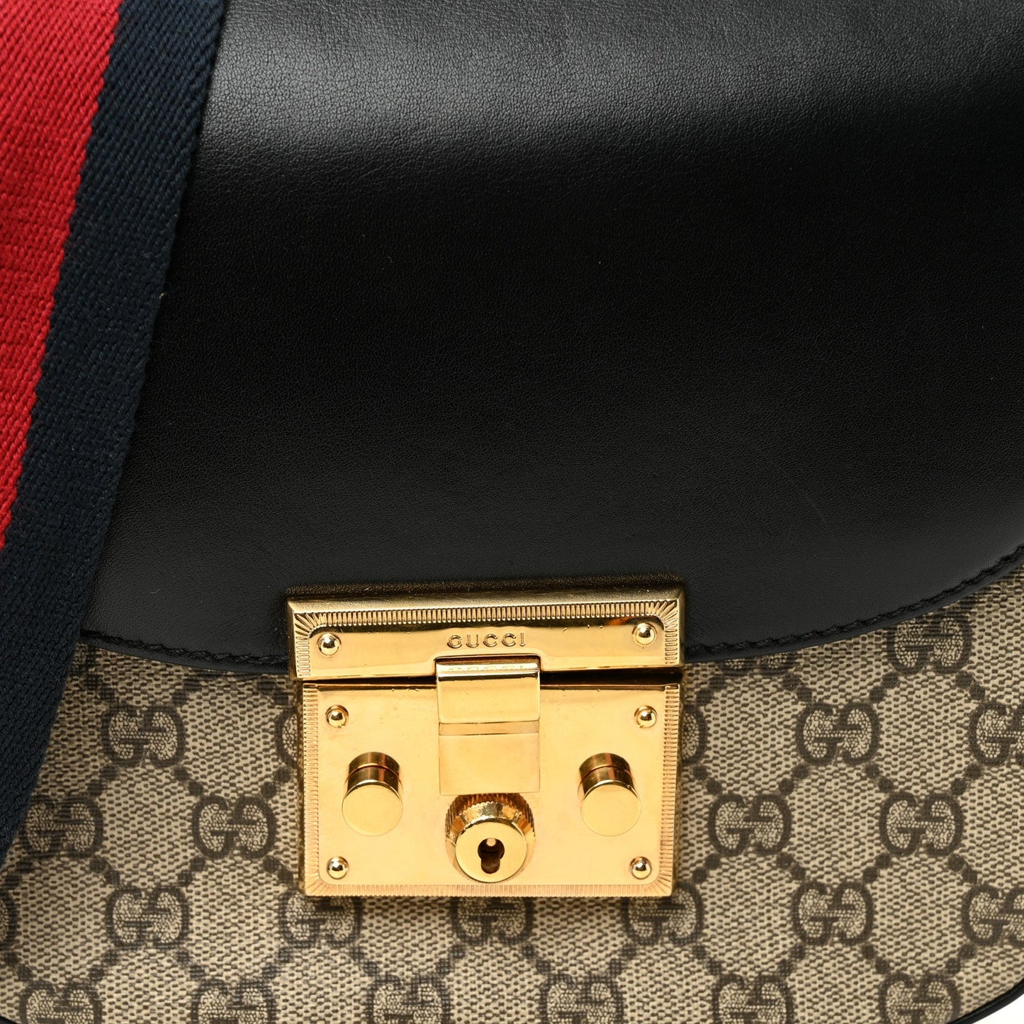 GG Supreme Monogram Web Medium Padlock Messenger Shoulder Bag Black