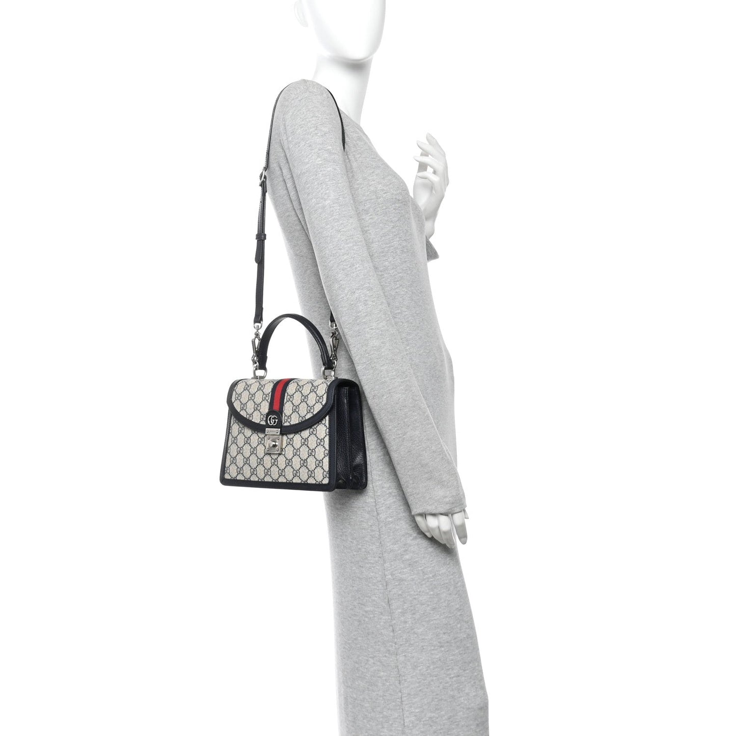 GG Supreme Monogram Textured Dollar Calfskin Web Small Ophidia Padlock Top Handle Bag Beige Blue