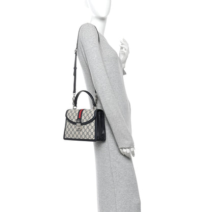 GG Supreme Monogram Textured Dollar Calfskin Web Small Ophidia Padlock Top Handle Bag Beige Blue