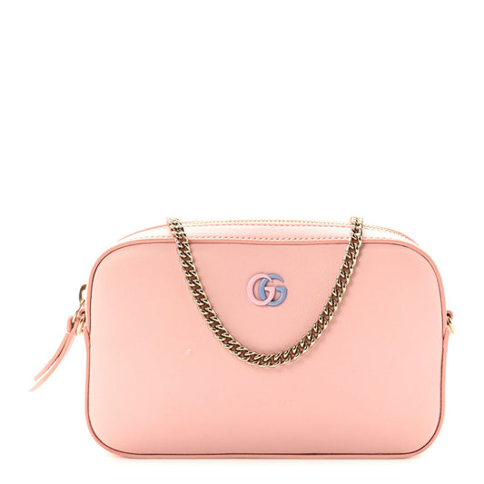 Dollar Calfskin Enamel Super Mini GG Marmont Chain Shoulder Bag Light Pink Blue