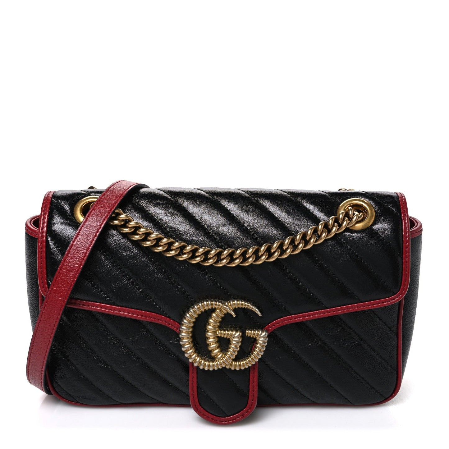 Vintage Effect Calfskin Matelasse Diagonal Small Torchon GG Marmont Shoulder Bag Black Romantic Cherry