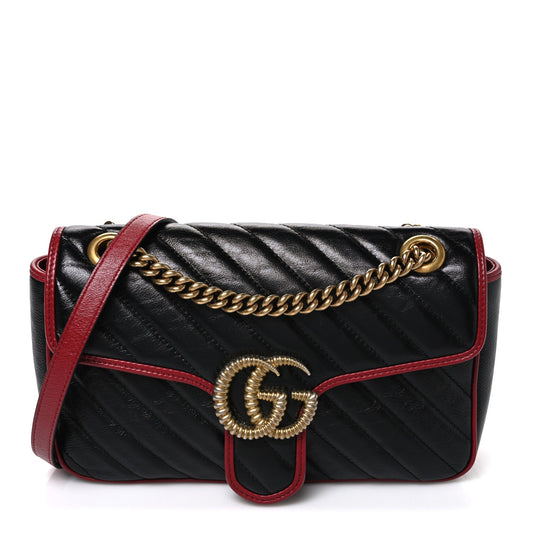 Vintage Effect Calfskin Matelasse Diagonal Small Torchon GG Marmont Shoulder Bag Black Romantic Cherry