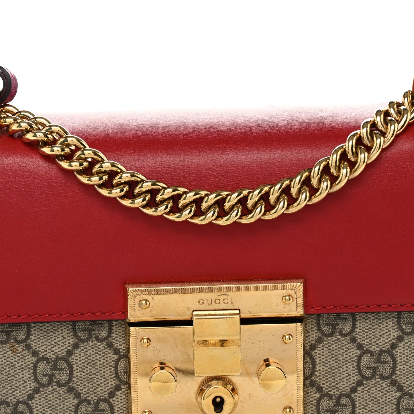GG Supreme Monogram Calfskin Small Padlock Shoulder Bag Beige Hibiscus Red New Rosette