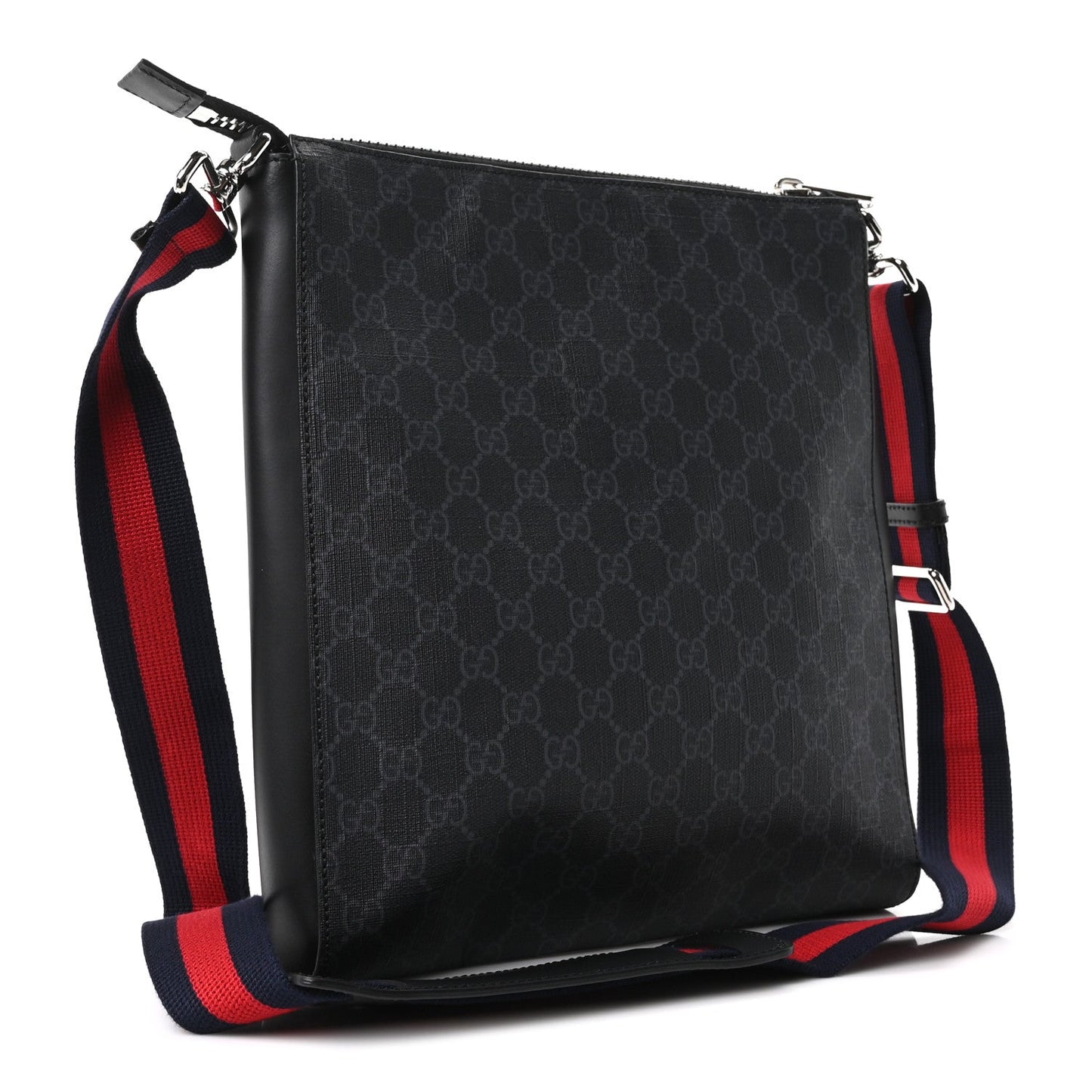 GG Supreme Monogram Appia Calfskin Web Flat Messenger Bag Black Grey