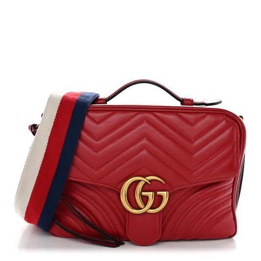 Calfskin Matelasse Sylvie Web Small GG Marmont Top Handle Shoulder Bag Hibiscus Red