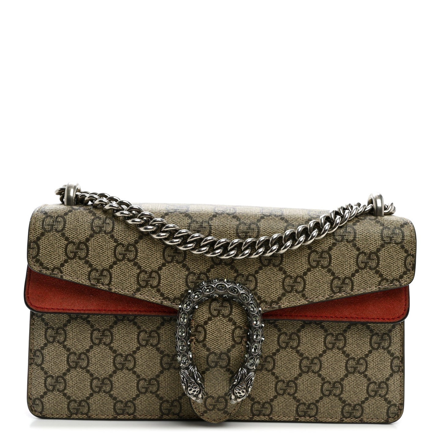 GG Supreme Monogram Suede Crystal Small Dionysus Shoulder Bag Beige Ebony Vulcanic Red