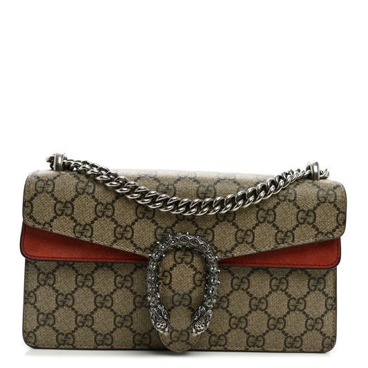 GG Supreme Monogram Suede Crystal Small Dionysus Shoulder Bag Beige Ebony Vulcanic Red