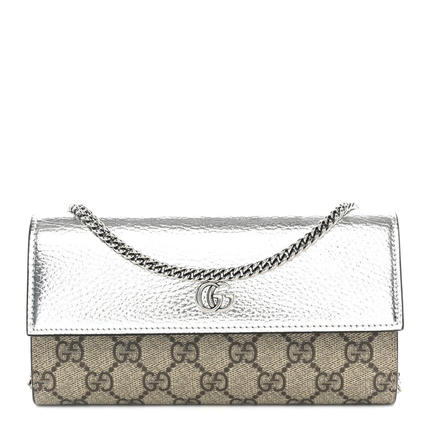 Metallic Calfskin GG Supreme Monogram Petite GG Marmont Wallet Chain Bag Silver Beige Ebony