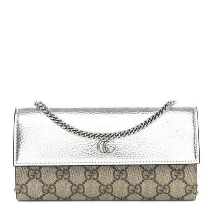 Metallic Calfskin GG Supreme Monogram Petite GG Marmont Wallet Chain Bag Silver Beige Ebony