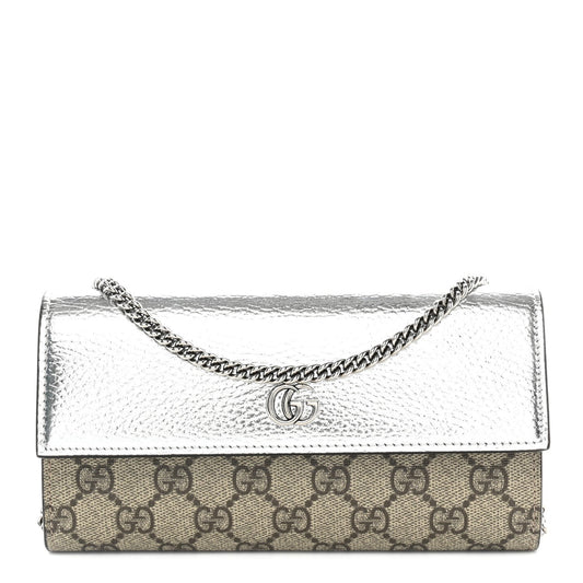 Metallic Calfskin GG Supreme Monogram Petite GG Marmont Wallet Chain Bag Silver Beige Ebony