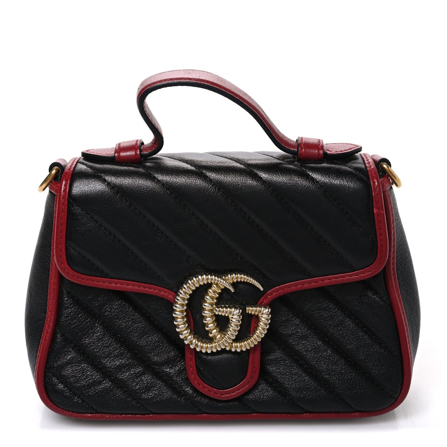 Vintage Effect Calfskin Matelasse Diagonal Mini Torchon GG Marmont Top Handle Shoulder Bag Black Romantic Cherry
