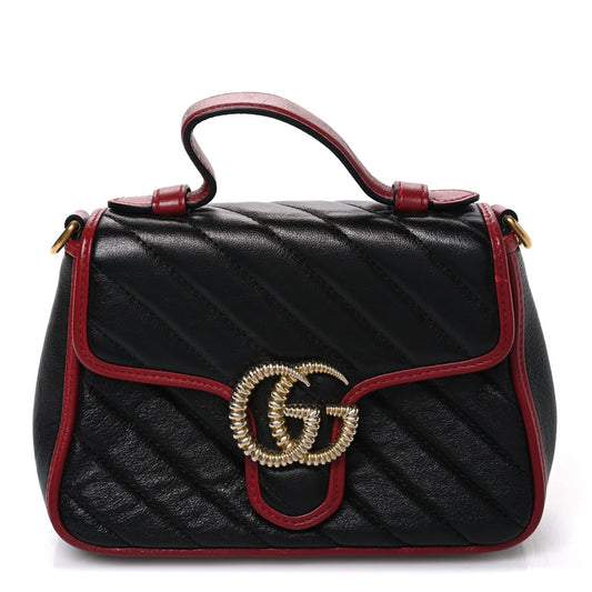 Vintage Effect Calfskin Matelasse Diagonal Mini Torchon GG Marmont Top Handle Shoulder Bag Black Romantic Cherry