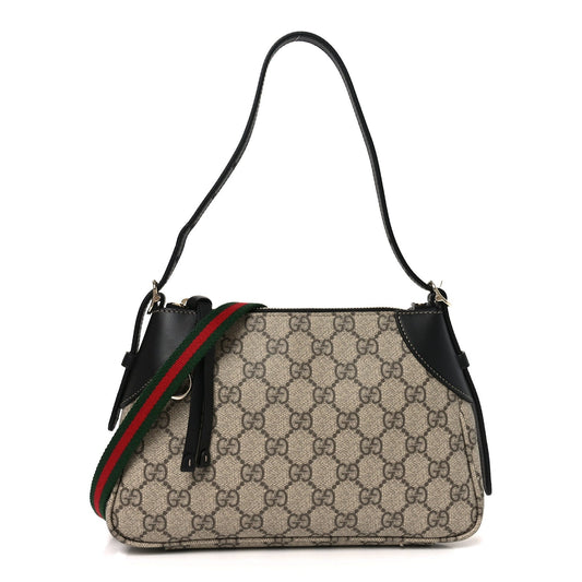 GG Supreme Monogram Textured Calfskin Small Emblem Shoulder Bag Beige Black