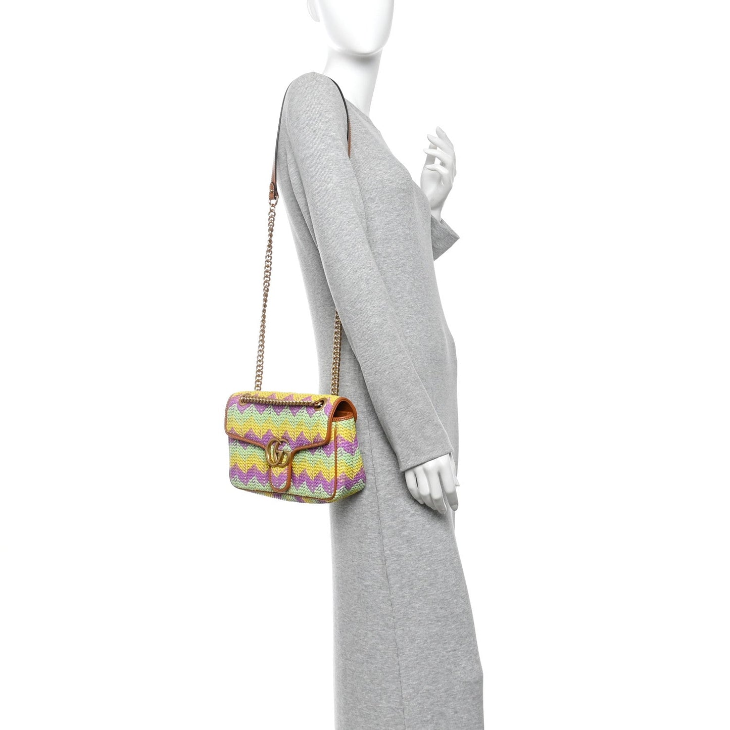 Calfskin Raffia Woven Small GG Marmont Shoulder Bag Multicolor