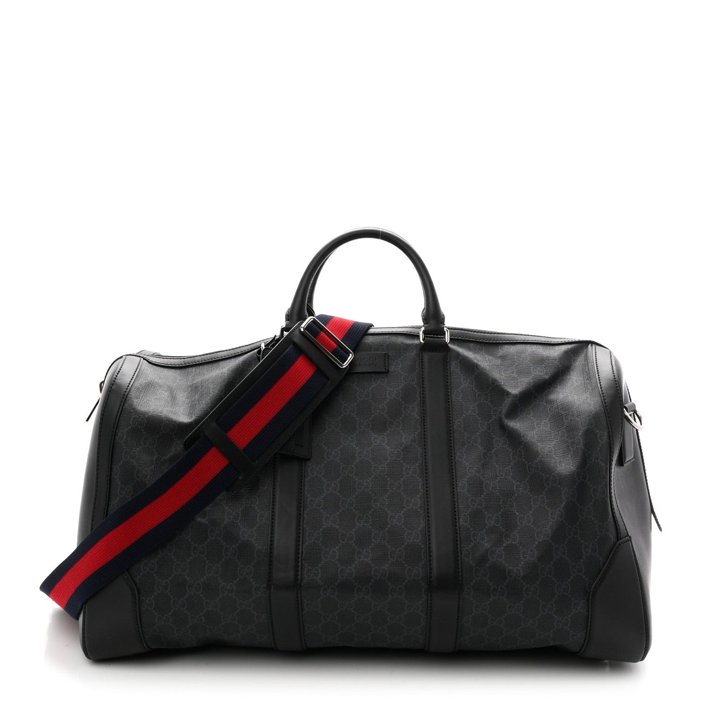 Soft GG Supreme Monogram Appia Calfskin Web Large Carry On Duffle Bag Black Grey
