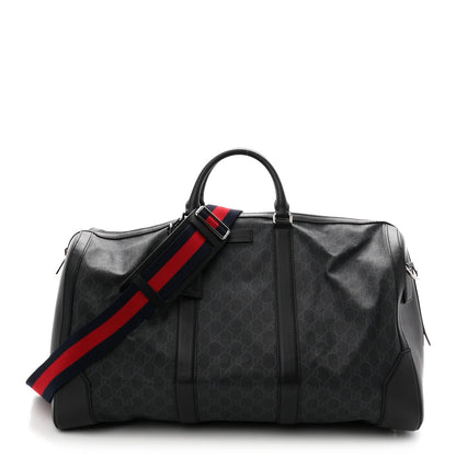 Soft GG Supreme Monogram Appia Calfskin Web Large Carry On Duffle Bag Black Grey