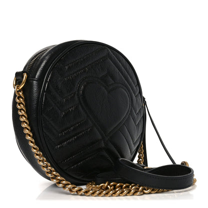 Azalea Calfskin Matelasse Heart Mini GG Marmont Round Shoulder Bag Black