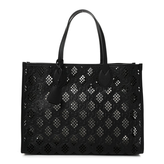 Calfskin GG Monogram Diamond Cut Medium Ophidia Tote Bag Black