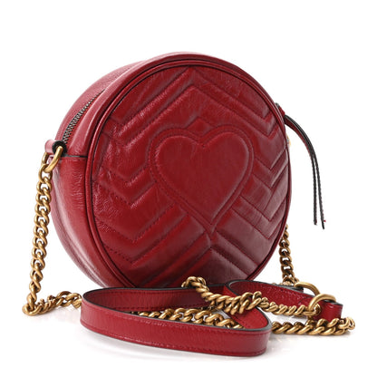 Glazed Calfskin Matelasse Heart Mini GG Marmont Round Shoulder Bag Romantic Cerise