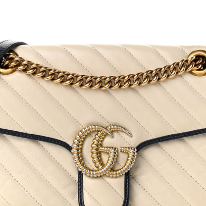 Vintage Effect Calfskin Matelasse Diagonal Small Torchon GG Marmont Shoulder Bag Mystic White Blue Agata