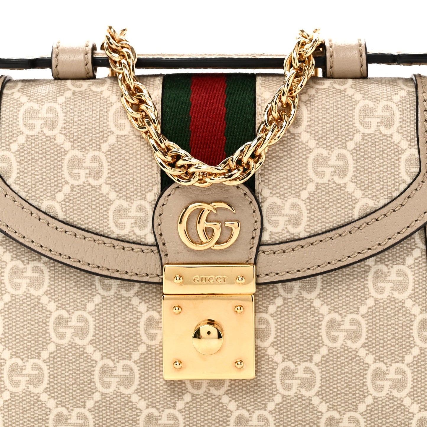 GG Supreme Monogram Textured Dollar Calfskin Web Mini Ophidia Padlock Top Handle Chain Shoulder Bag Beige Mystic White Oatmeal