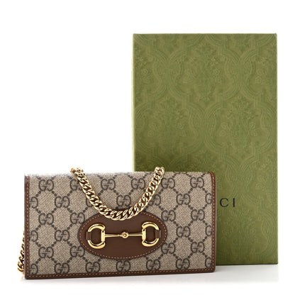 GG Supreme Monogram Azalea Calfskin Horsebit 1955 Wallet On Chain Beige Ebony Brown Sugar