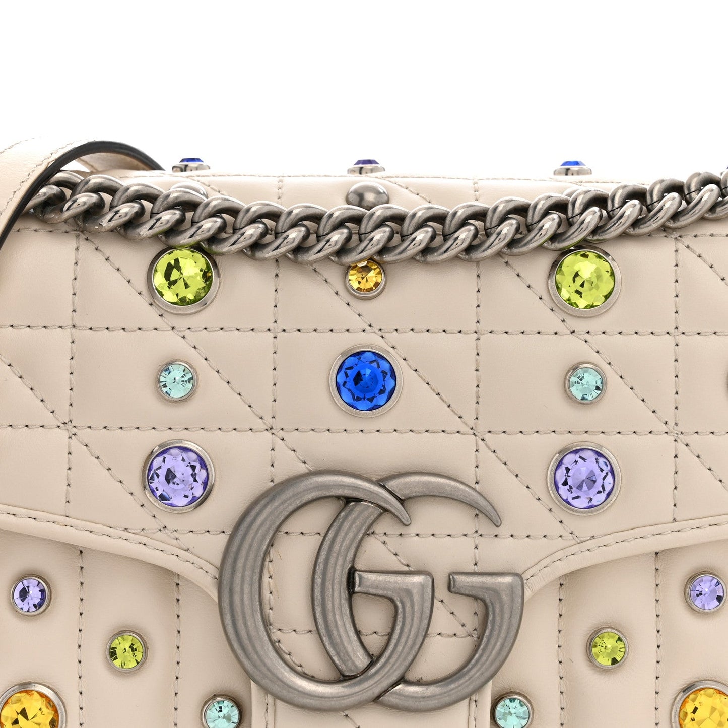 Calfskin Crystal Matelasse Aria Small GG Marmont Shoulder Bag Mystic White Multicolor