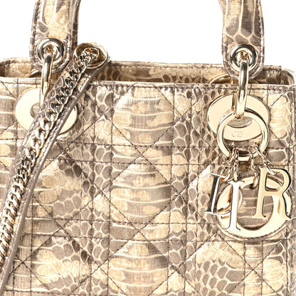 Metallic Snakeskin Cannage Mini Lady Dior Beige