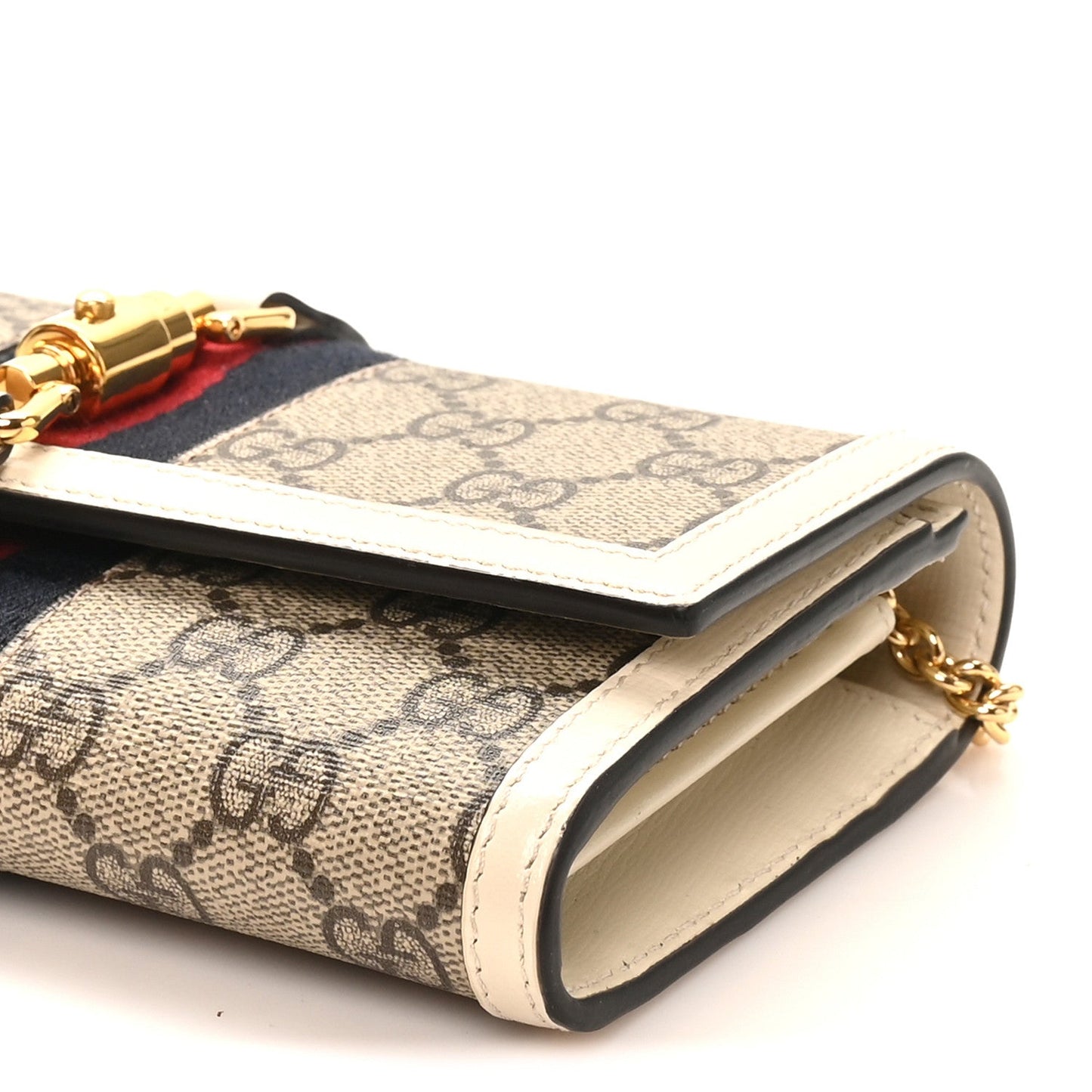 GG Supreme Monogram Textured Calfskin Web Jackie 1961 Chain Wallet Beige Ebony Mystic White