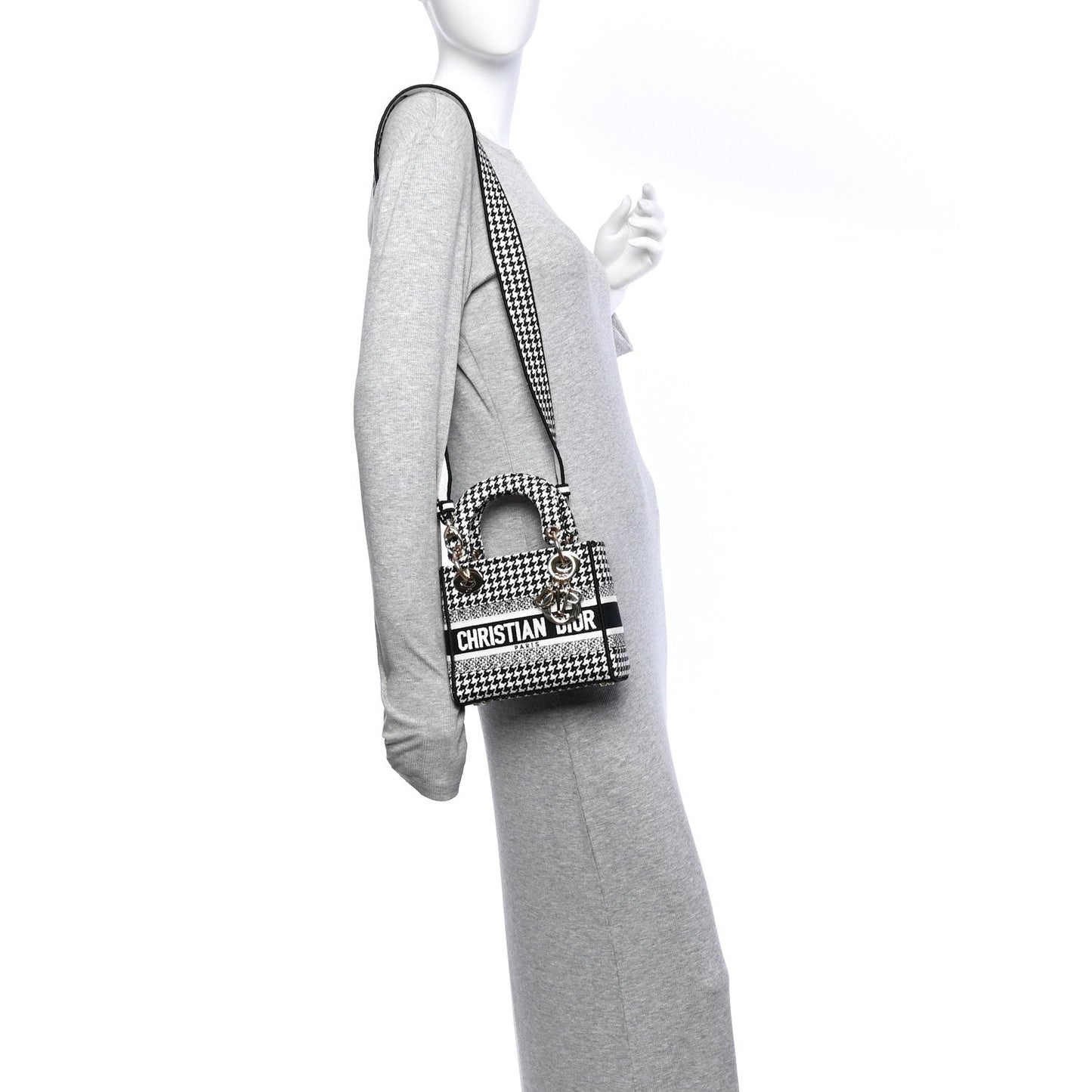 Canvas Houndstooth Embroidered Mini Lady D-Lite Black White