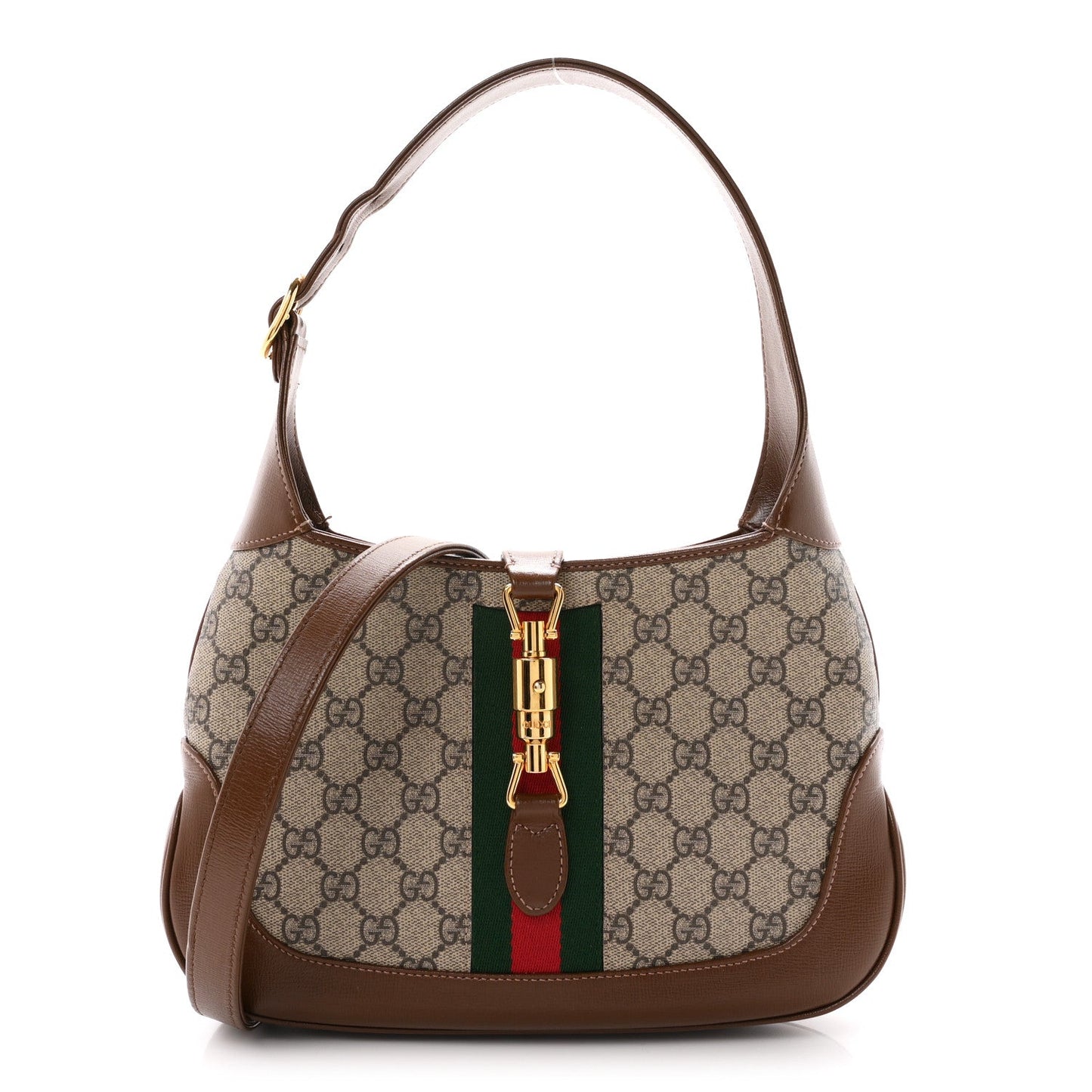 GG Supreme Monogram Azalea Calfskin Web Small Jackie 1961 Hobo Beige Ebony Brown Sugar