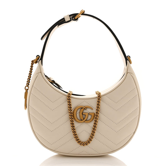 Calfskin Matelasse Chevron Mini GG Marmont Half Moon Hobo Mystic White